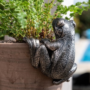 May include: A silver-coloured frog figurine climbing up the side of a brown terracotta planter. The frog has a textured surface and is positioned as if it is climbing up the side of the planter.