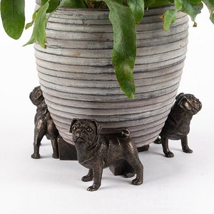 Puede incluir: Una maceta gris con un diseño a rayas está sostenida por cuatro figuritas de perro pug de bronce. La maceta está llena de una planta verde de hojas.