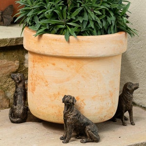 Könnte beinhalten: Drei bronzene Hundefiguren, zwei stehend und eine sitzend, sind um einen Terrakotta-Blumentopf mit grünen Pflanzen platziert.