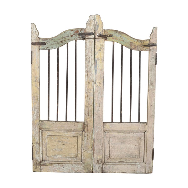 Antique Indian Teak and Iron Garden Dog Gate Pair - Vintage Outdoor Decor, Handcrafted Artistry