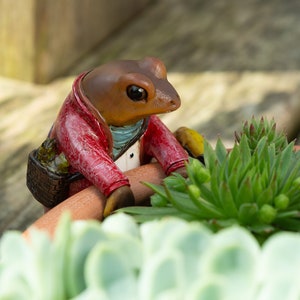 Op de afbeelding: Een bruine kikkerfiguur met een rood jasje en een mandje, zittend op de rand van een terracotta pot gevuld met groene vetplanten.