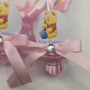 Personalized Winnie The Pooh Bear Baby Shower Pacifiers Guest Favor Necklaces, Pooh Bear, Pink Girl