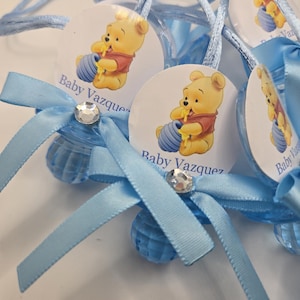 Personalized Winnie The Pooh Bear Baby Shower Pacifiers Guest Favor Necklaces, Pooh Bear, Baby Boy Blue