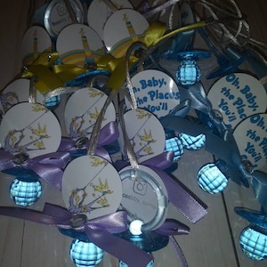 Oh The Places you&#39;ll go Baby Shower Pacifiers Guest Favor Necklaces, Baby Shower Games, Boy and Girl Theme