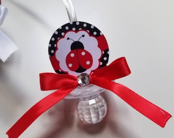 Ladybug Baby Shower Pacifier Guest Favor Necklaces, Mommy Daddy Corsages, Red White and Black, Baby Shower Favor