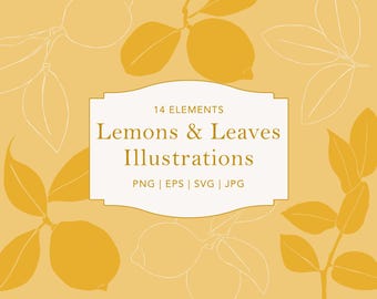 Limoni e foglie Clip Art - EPS Hand Drawn Botanical Line Art - SVG Circuit Illustration - Scarica Clipart digitale - PNG Nature Clipart