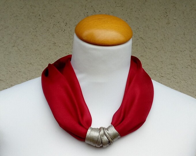 Red Silk Scarf Gift for  A Girl,  Silk Scarf, Gift for a Woman, Square Scarf with Pendant, Handmade Gift for Wife, Unique Scarf Necklace
