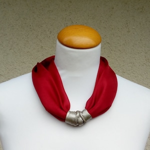 Red Silk Scarf Gift for  A Girl,  Silk Scarf, Gift for a Woman, Square Scarf with Pendant, Handmade Gift for Wife, Unique Scarf Necklace