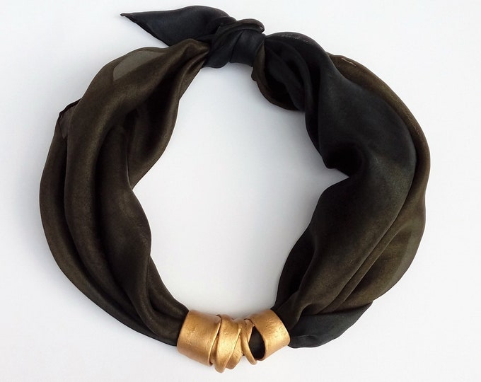 Scarf Necklace,  Dark Green Silk Scarf With Pendant, Gift For Woman