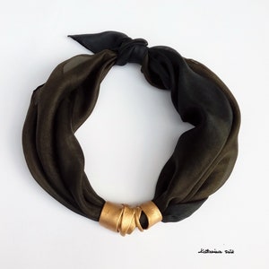 Scarf Necklace,  Dark Green Silk Scarf With Pendant, Gift For Woman