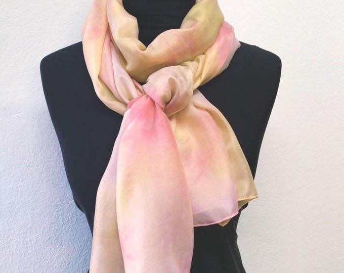 Long Silk Scarf, Habotai Unique Silk Scarf, Yellow Beige and Pink, Marble Scarf, Gift For Her