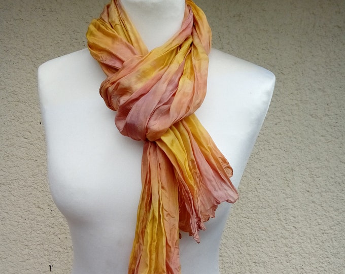 SILK SCARF, Long Pure Silk Ocher Color Shawl For Women Gift, Boho Style for a Girl, Unique Gift for Girls, Crepe Scarf Silk For Her