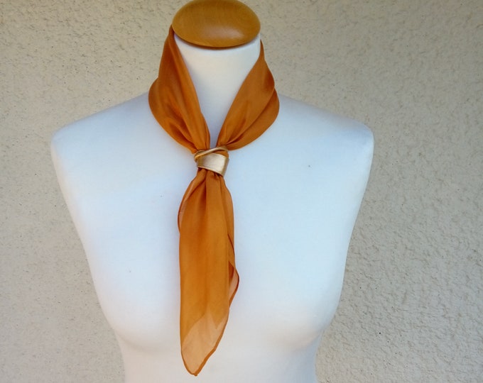 Small Silk Scarf For Woman, Handmade Scarf For Wife, Ocher Color Scarf With Pendant