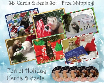 Ferret Holiday (6) Card Set + Seals FREE SHIP Christmas, Xmas, Note Cards, Blank Inside