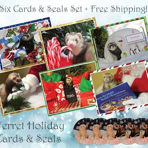 Ferret Holiday 6 Card Set Seals FREE SHIP Christmas, Xmas, Note Cards, Blank Inside image 1