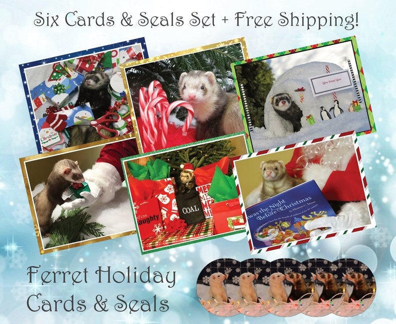 Ferret Holiday 6 Card Set Seals FREE SHIP Christmas, Xmas, Note Cards, Blank Inside image 1