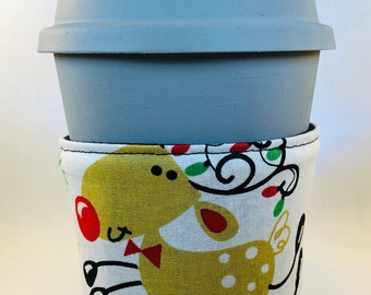 Cup Cozy Reusable Reindeer Christmas - Environmentally Friendly Cup Sleeve Expands Fits Most Coffee Tea Mug Hot Cold Cozies FREE SHIPPING