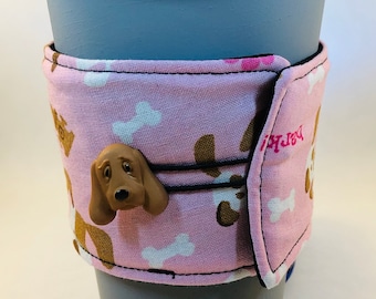 Cup Cozy Reusable Puppy Dog Puppies Pink- Environmentally Friendly Cup Sleeve Expands Fits Most Coffee Tea Mug Hot Cold Cozies FREE SHIPPING