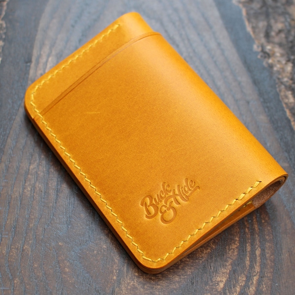 Card & cash bifold wallet in Yellow ochre, mustard Buttero. Compact leather wallet. Handmade in UK.