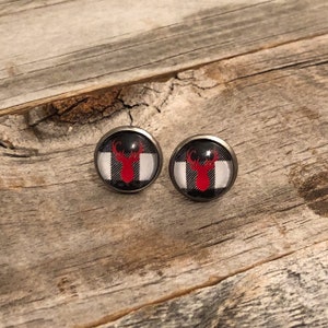 Black and White Buffalo Plaid Deer Head earrings