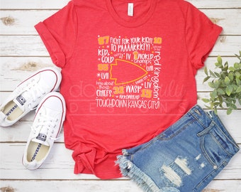 May include: Red t-shirt with a white graphic design featuring the text "Fight for your Kicht 10 to PAAAAKKRTY!" and other text related to the Kansas City Chiefs. The shirt is paired with denim shorts and white sneakers.