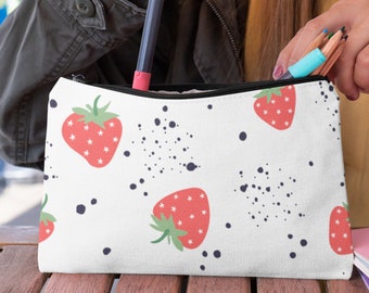 Strawberry Makeup Organizer Bag, Pencil Makeup Accessory Pouch, Custom Makeup Bag, Small and Large Cute Makeup Bag with Polka Dots