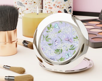 Purple Compact Travel Circle Mirror, Shiny Metal Lipstick Mirror for Purse, Cute Hand Held Pocket or Makeup, Violet, Lavender Butterflies