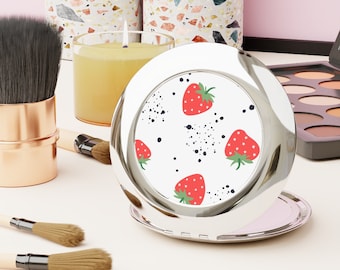 Strawberry Compact Travel Mirror, Circle Mirror, Lipstick Mirror, Shiny Metal Mirror for Purse, Cute Hand Held for Pocket or Makeup