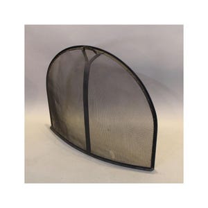May include: A black metal fireplace screen with a curved, arched top and a fine mesh panel. The frame features a central vertical support bar that splits into a Y-shape at the top, providing a sturdy structure for the semi-circular metal mesh design.