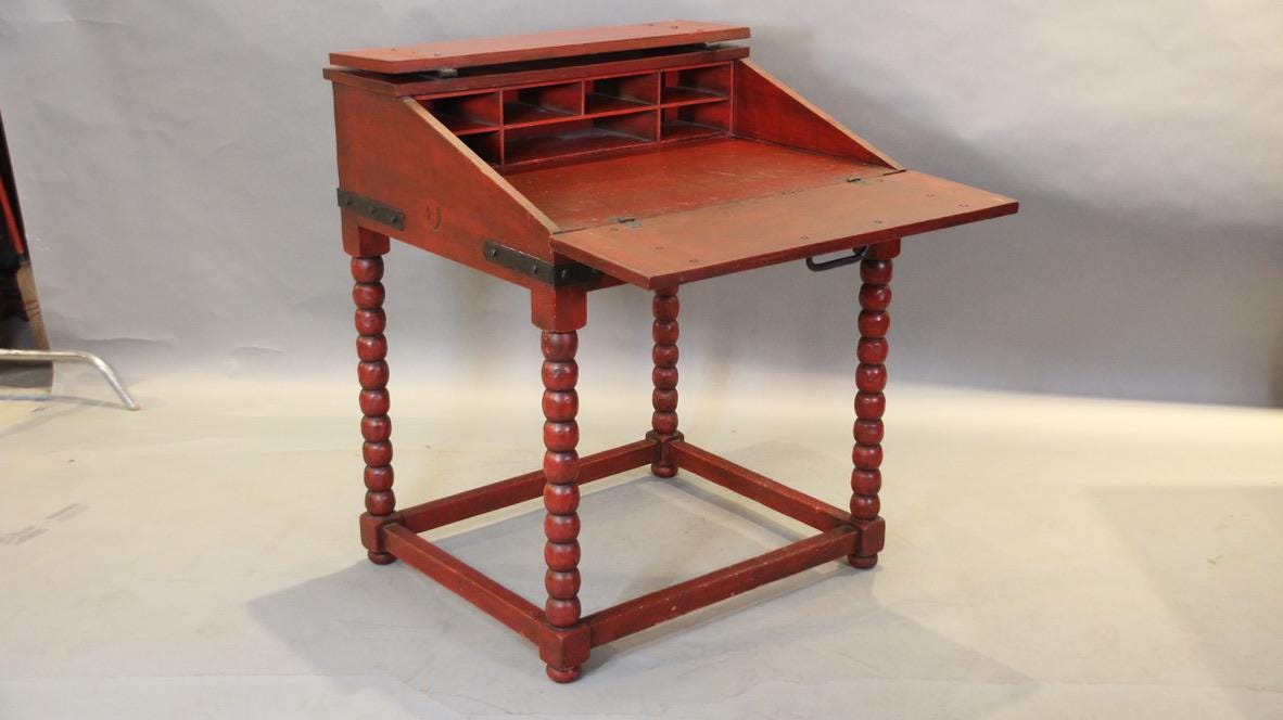 17528. Signed Monterey Spanish Revival Fold-down Old Red Desk With