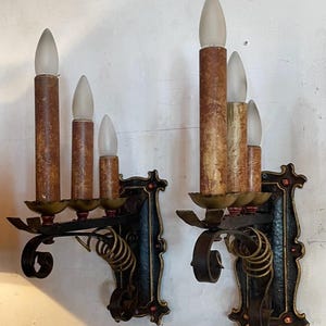 Antique Pair of 1920&#39;s Sconces Triple Candles From Spanish Revival Tudor Period Original Finish