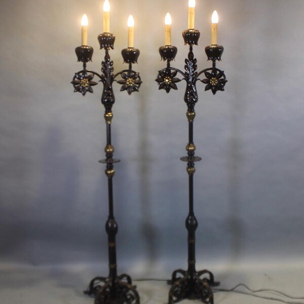 17048. Pair Of 1920's Wrought Iron  Lamps Torchieres Spanish Revival Monterey Antique Tudor Gothic