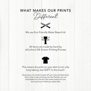 Peut inclure: Fond blanc avec texte : &laquo; WHAT MAKES OUR PRINTS Different &raquo;. Explique l'encre &agrave; base d'eau &eacute;cologique, la s&eacute;rigraphie artisanale et les impressions douces et durables. Compare le vinyle thermocollant et autres encres.