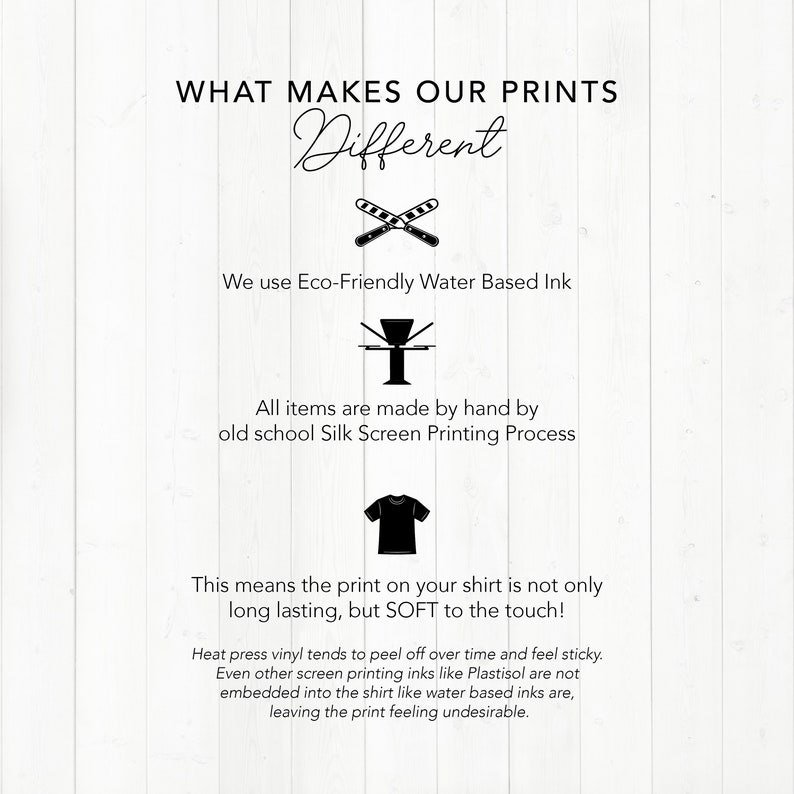 Peut inclure: Fond blanc avec texte : &laquo; WHAT MAKES OUR PRINTS Different &raquo;. Explique l'encre &agrave; base d'eau &eacute;cologique, la s&eacute;rigraphie artisanale et les impressions douces et durables. Compare le vinyle thermocollant et autres encres.