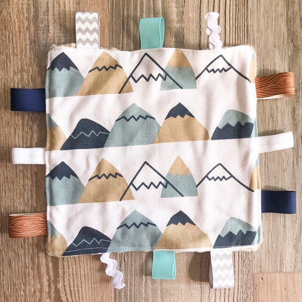 Mountains Baby Tag Toy | Baby Boy Ribbon Sensory Blankie | Taggie Sensory Blanket | Outdoors Woodlands Minky