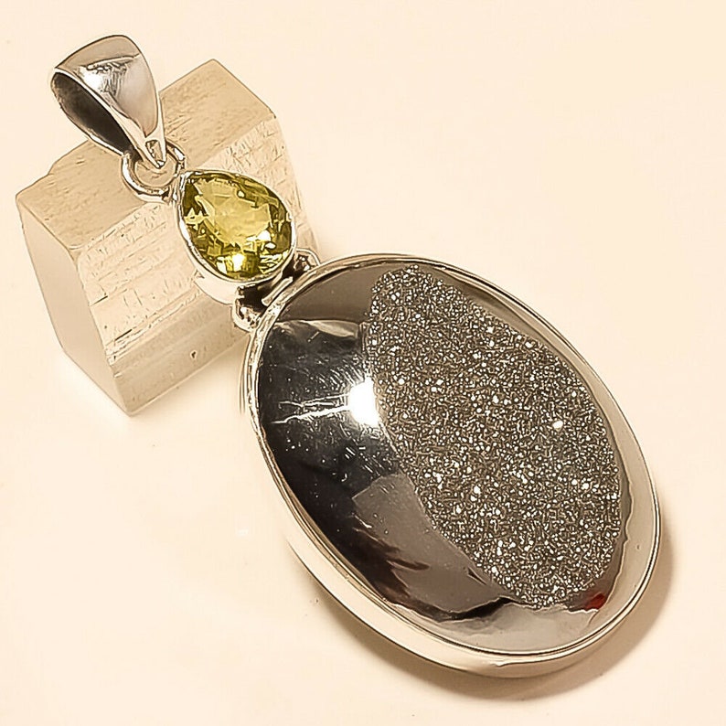 Natural Russian Glister Black Druzy Pendant 925 Sterling Silver Christmas Fine Jewelry Eid Gift Special Designer Wedding Father Jewelry Gift