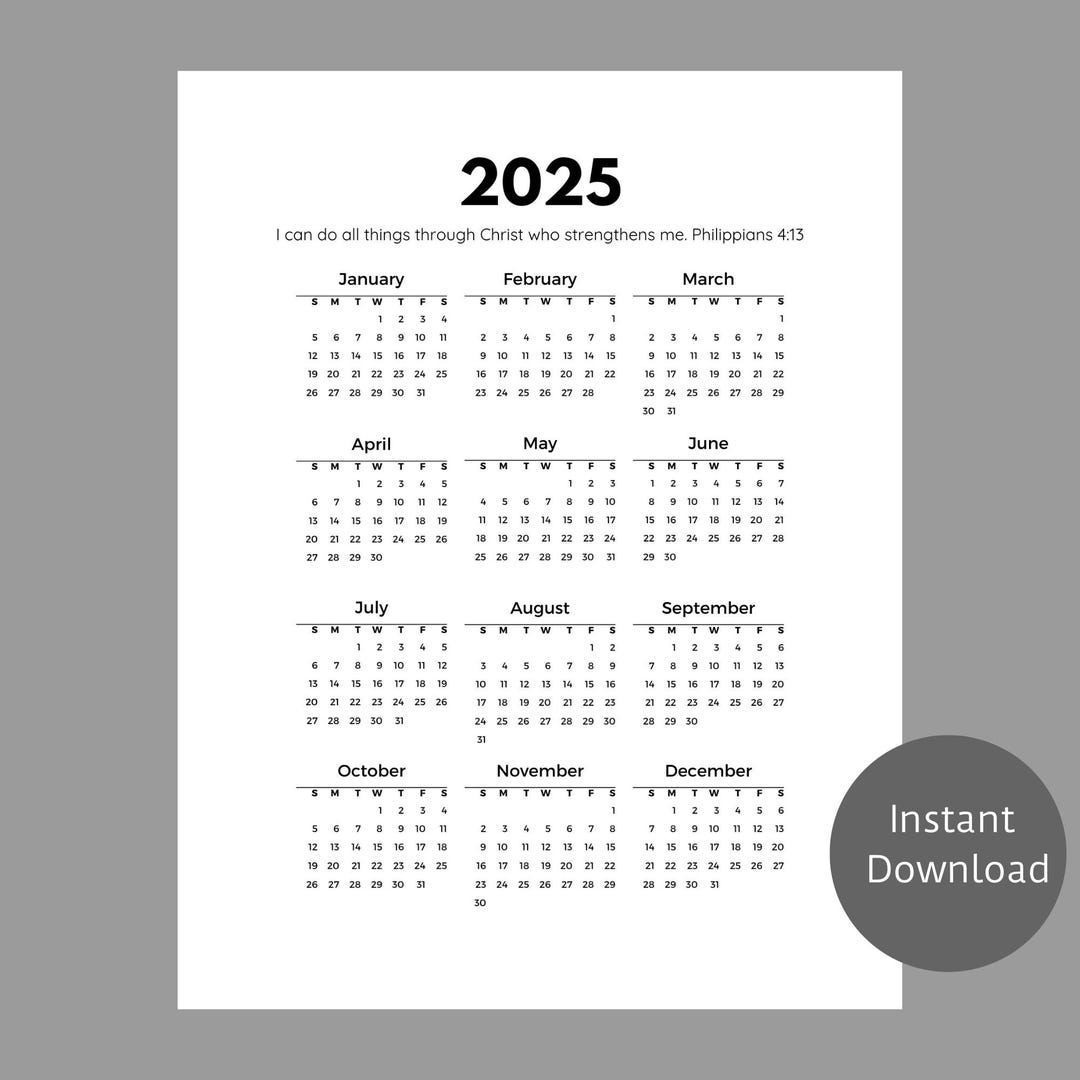 2025 Printable PDF Calendar, Christian Calendar, Philippians 413, Bible Verse Printable