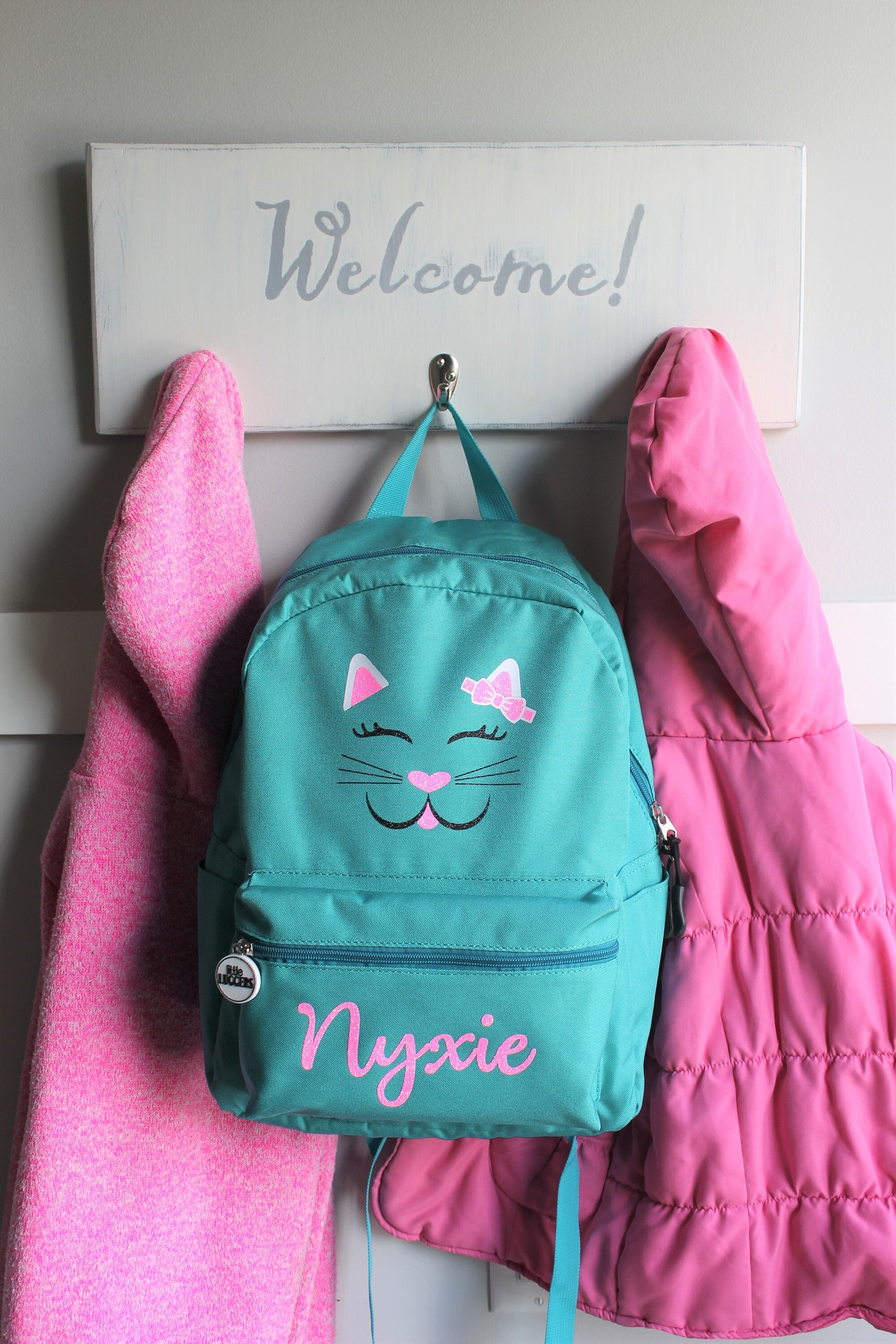 DemonChest Black College Cute Cat Embroidery Canvas School Backpack Bags  for Kids Kitty(Pink)