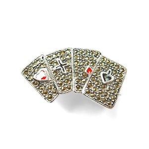 Vintage Sterling Silver Marcasite & Enamel Playing Card Brooch