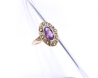 9ct Gold Amethyst Peridot & Pearl Suffragette Style Ring