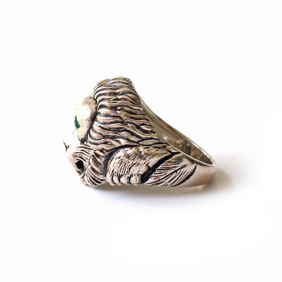 Solid Silver Lion Emerald Ruby Signet Ring - image 5