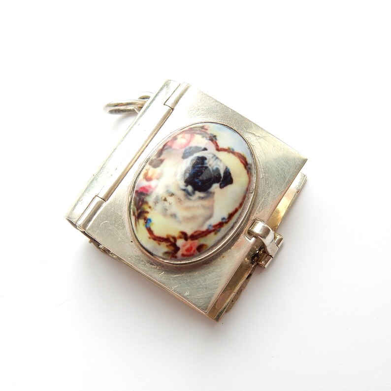 Vintage Solid Silver Enamel Pug Dog Locket Pendant Photo Album Book