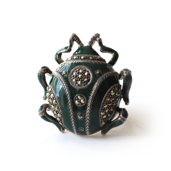 Exceptional Solid Silver Green Enamel Marcasite S… - image 3