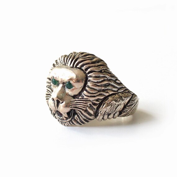 Solid Silver Lion Emerald Ruby Signet Ring - image 4