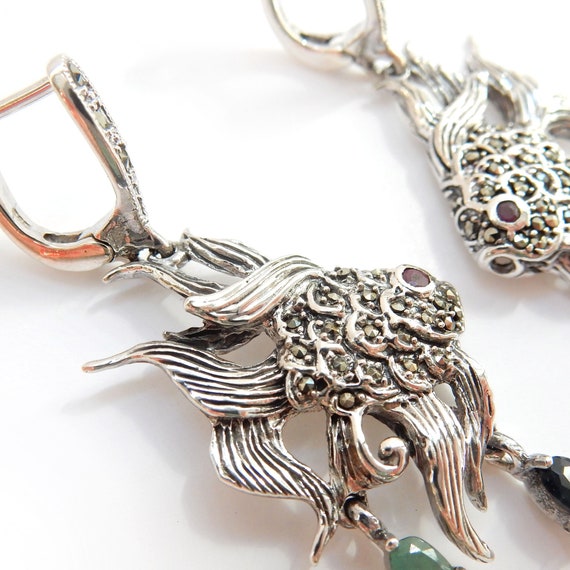 Sterling Silver Emerald Ruby Sapphire Fish Earrin… - image 5