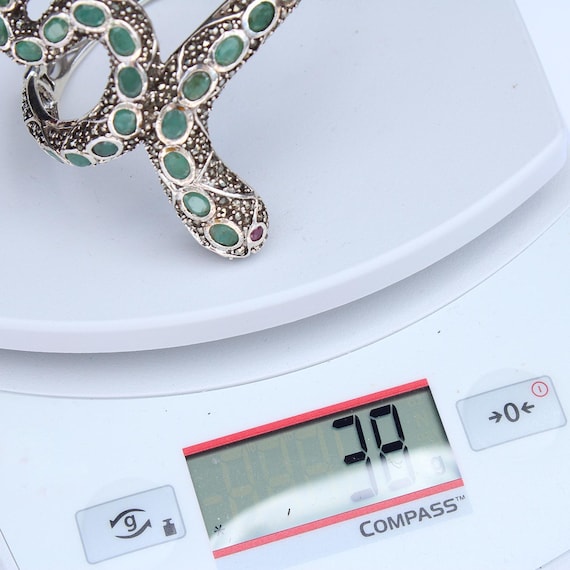 Sterling Silver Emerald Ruby Marcasite Snake Cuff… - image 10