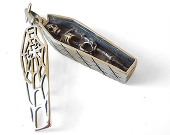 Sterling Silver Skull Skeleton in Coffin Pendant