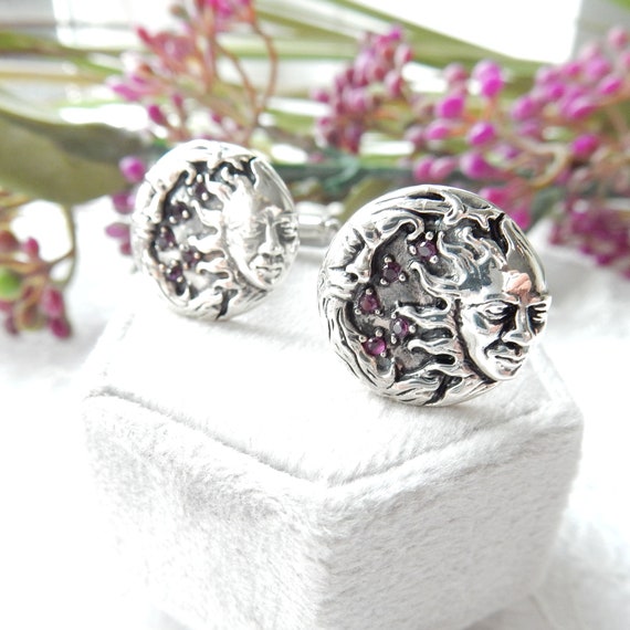 Sterling Silver Ruby Sun Moon Astrology Cufflinks… - image 1