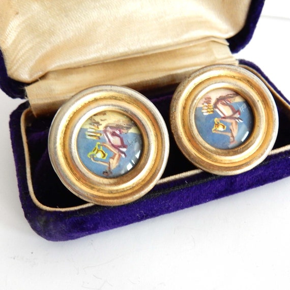 Vintage French Hand Painted Brass Clip on Earring… - image 5