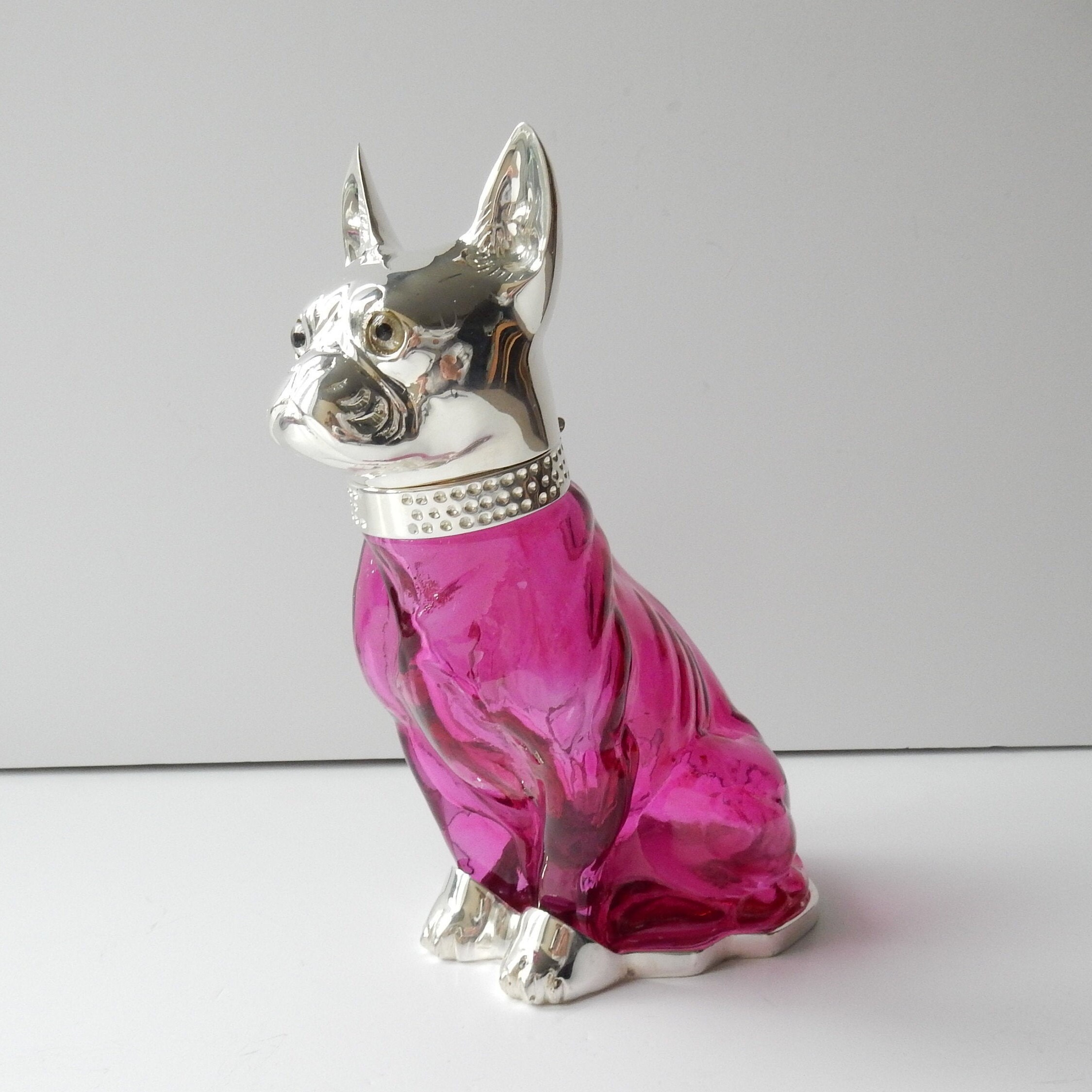 Victorian Style French Bulldog Cranberry Glass Dog Decanter Jug
